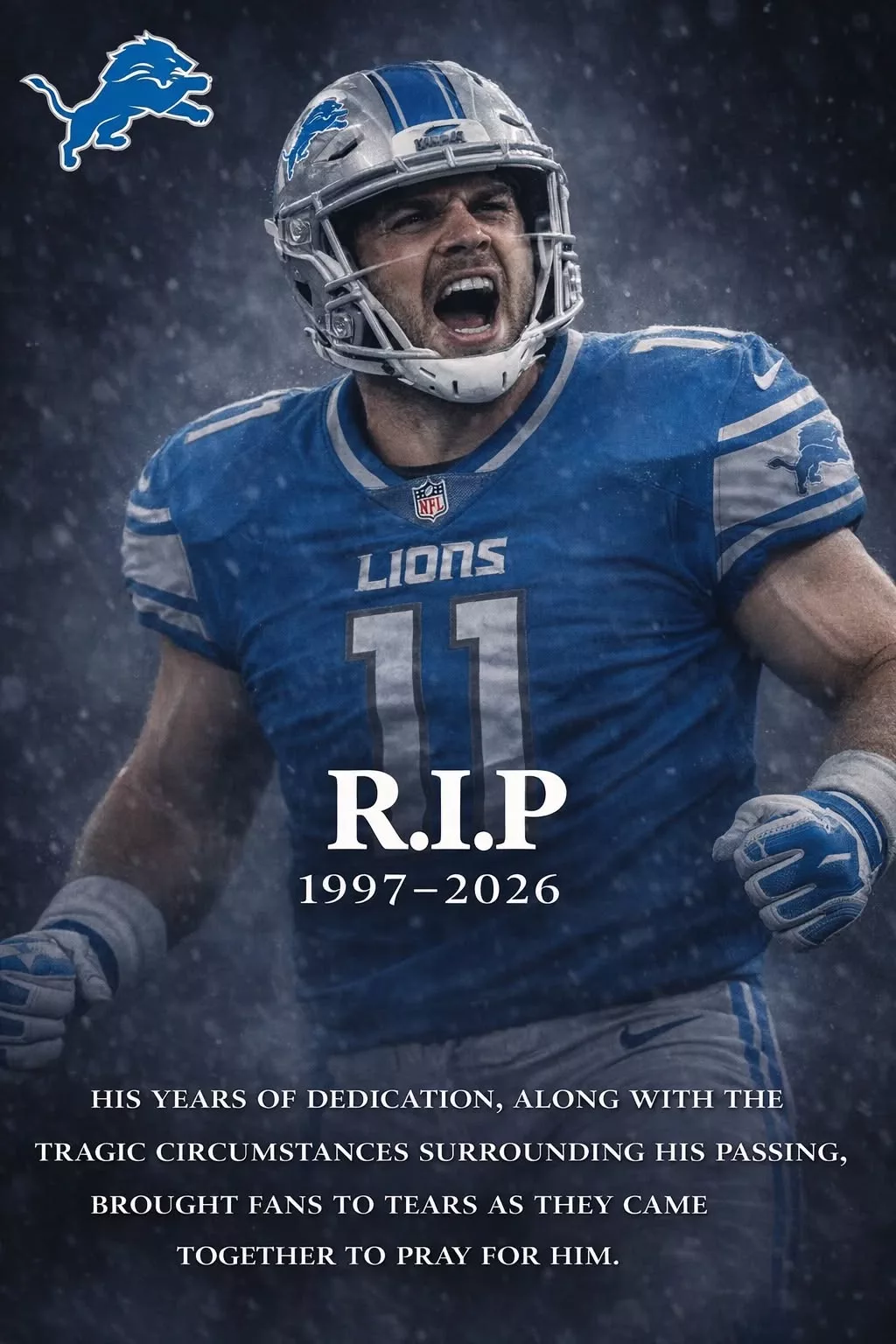 Cover Image for SAD NEWS 💔: Former Detroit Lions star tragically dies at 28 after being shot while breaking up a bar fight, leaving behind his newlywed wife and a 1-year-old child. His passing has left the Detroit Lions community and fans everywhere in deep mourning.