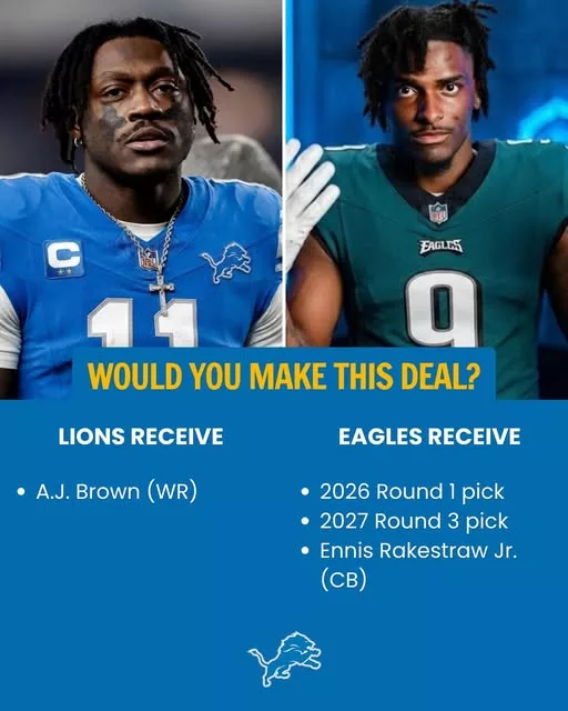 Cover Image for 🔥 LIONS NATION — ALL-IN OR PROTECT THE FUTURE? 🔥 The Detroit Lions are facing a decision that could reshape their entire season. Trading for A.J. Brown means adding a true WR1—someone who instantly elevates the offense and pushes the team closer to a Super Bowl. But the cost is steep: a first-round pick, future assets, and Ennis Rakestraw Jr.—a young piece with real upside. This isn’t just a trade… it’s a gamble between the present and the future. Do you go all-in to win now… or stay patient and trust the long-term plan?