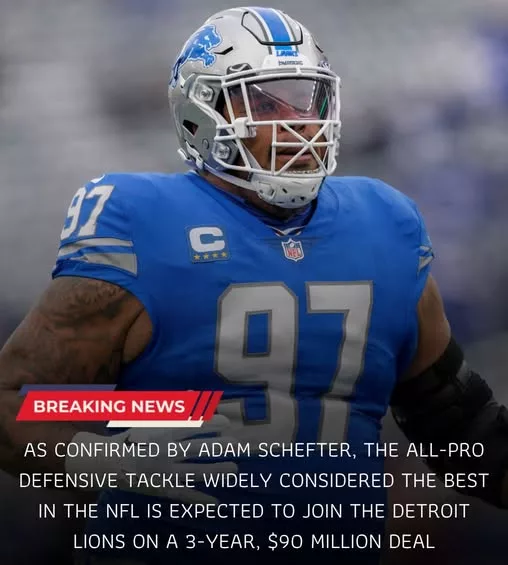 Cover Image for 🚨 Breaking news from Adam Schefter is sending shockwaves through the fanbase! An All-Pro defensive tackle — widely considered the best in the NFL right now — is reportedly set to join the Detroit Lions on a massive 3-year, $90 million deal.  If this move becomes official, the Lions’ defense would instantly reach elite status, turning them into a serious Super Bowl contender. But who is this superstar? And what made him choose Detroit over other powerhouse teams?  👉 The story behind this blockbuster deal is shaking the entire NFL… and there’s still more to be revealed!