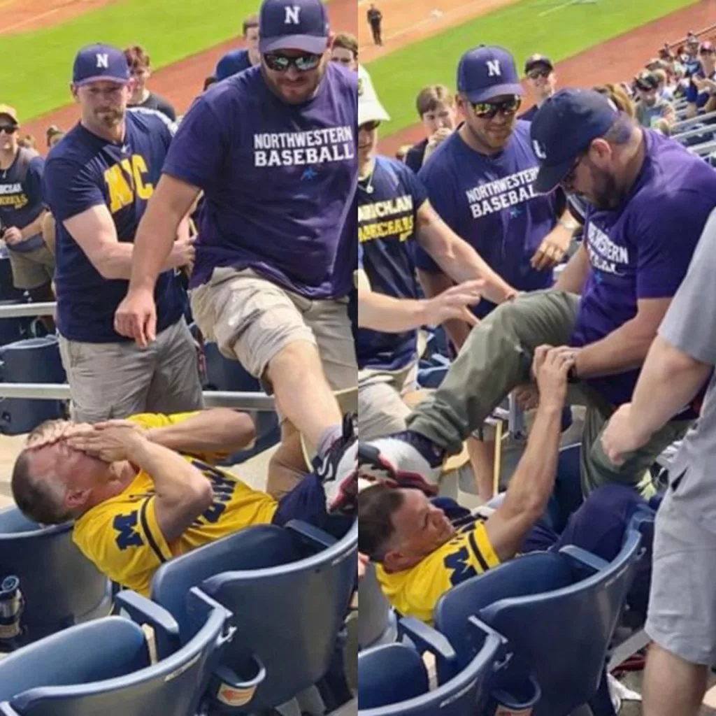 Cover Image for New Footage From Wild Brawl Shows Michigan Wolverines Baseball Fan Getting His Face Brutally Stomped By Northwestern Baseball Fan [VIDEO]