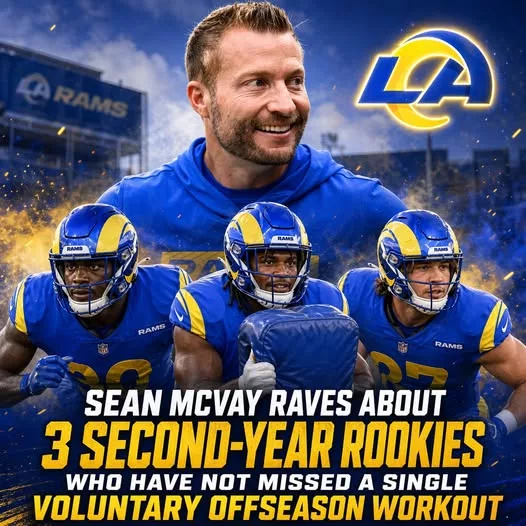 Cover Image for 🔥 LOCKED IN FROM DAY ONE 🔥 Sean McVay couldn’t hide his admiration when talking about three second-year players from the Los Angeles Rams—all of whom haven’t missed a single voluntary offseason workout. While others take time off, they’ve chosen total discipline. This isn’t just hard work… it’s a sign that something bigger is coming. When the head coach speaks up like this, you know it’s not normal. So who are these three rising names… and could they be the key to the Rams’ next breakthrough season? 👀