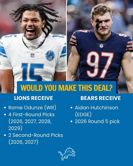 Cover Image for 🔥 LIONS NATION — YOU TAKING THIS DEAL OR NOT? 🔥  Detroit Lions fans… this isn’t just a trade, this is a franchise-defining decision. You’re being offered a historic haul: multiple first-round picks, elite young talent like Rome Odunze, and enough draft capital to shape the next decade.  But the price? Aidan Hutchinson — the heart, the energy, the identity of your defense. The guy who changed everything.  Do you bet on the future… or protect the cornerstone you already have? There’s no safe answer here—only risk and legacy.  So be real… are you building a dynasty or keeping your superstar?