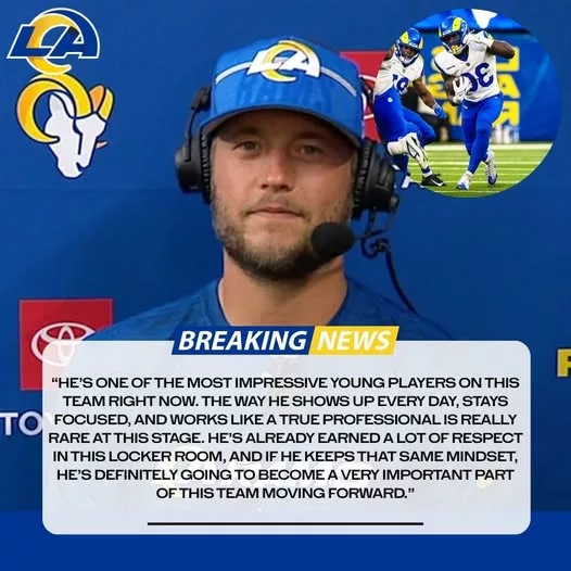 Cover Image for 🔥 PRAISE FROM THE TOP — AND IT SAYS EVERYTHING 🔥 Matthew Stafford isn’t the type to hand out compliments lightly—but this time, he made it clear. A second-year rising star of the Los Angeles Rams has reportedly not missed a single offseason program session since early April, and that level of commitment is turning heads inside the building. In a league where talent is everywhere, it’s discipline and consistency that separate the good from the great. Stafford sees something special—and when a veteran QB speaks like this, it means more than just words. So who is this young player earning that kind of respect… and what could it mean for the Rams this season?