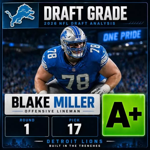 Cover Image for 🔥 A+ POWER MOVE: The Detroit Lions send a strong message by selecting Blake Miller at No. 17! Instead of chasing flash, Detroit continues to build a powerhouse in the trenches—where every victory begins. This isn’t just a pick, it’s a statement: the Lions want to control the game, impose their will, and dominate at the line of scrimmage. When the foundation is strong, everything else can explode. But is this the piece that takes Detroit to the top… or did they pass on a game-changing playmaker? The debate is just getting started 👀