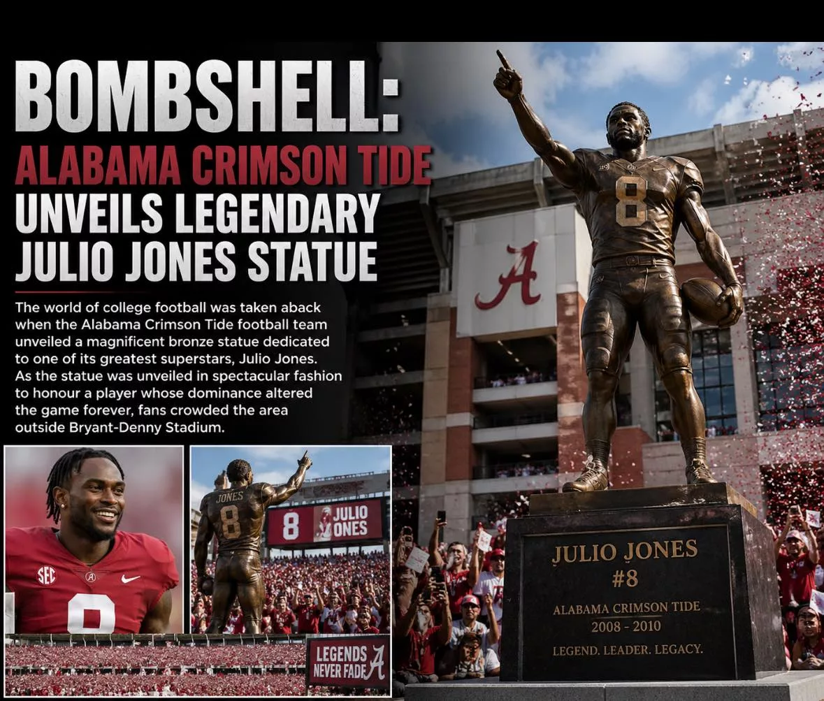 Cover Image for 🏆 BOMBSHELL IN TUSCALOOSA: Julio Jones Immortalized as Alabama Unveils Iconic Statue