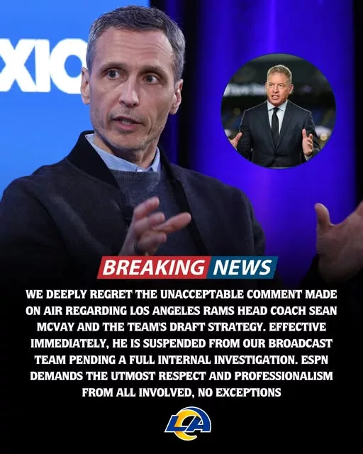 Cover Image for 🚨 BREAKING: James Pitaro has sent shockwaves across the league after deciding to suspend legendary analyst Troy Aikman just hours after his controversial remarks about Sean McVay, head coach of the Los Angeles Rams, during the 2026 NFL Draft!  The swift decision has immediately sparked intense debate: is ESPN protecting the league’s image… or overreacting to criticism? How serious were Aikman’s comments really?  The story behind the scenes is heating up fast—and the details yet to emerge could completely change how this situation is viewed! 👀
