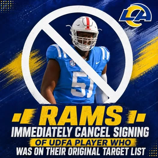 Cover Image for 🚨BREAKING: The Los Angeles Rams have suddenly canceled the signing of a UDFA player who was originally on their target list. What seemed like a done deal took a shocking last-minute turn, leaving fans confused and full of questions. What happened behind the scenes? Was it a medical concern, an attitude issue, or something unexpected? This swift decision shows the Rams aren’t willing to take any risks—even small ones. But the biggest mystery remains: what did they discover that changed everything in an instant? 👀