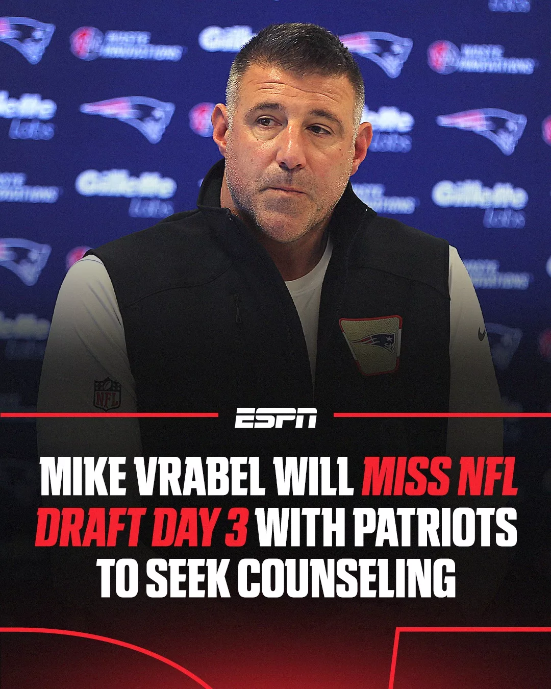 Cover Image for 🚨 BREAKING: Mike Vrabel Steps Away from Day 3 of NFL Draft to Be with Family