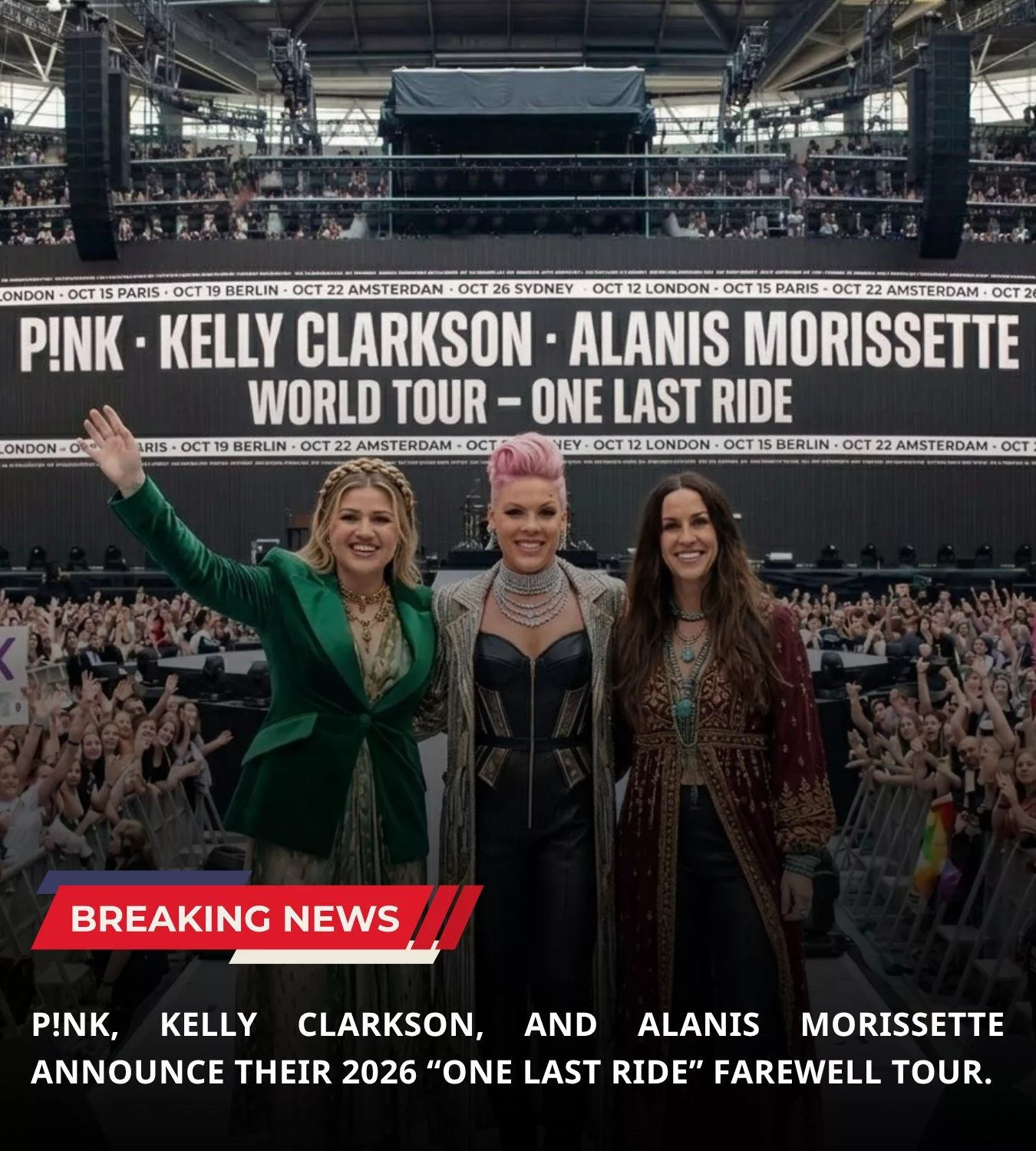 Cover Image for 🔥 BREAKING NEWS:  Fans are in shock after P!NK, Kelly Clarkson, and Alanis Morissette officially announced their 2026 farewell tour, “One Last Ride.”