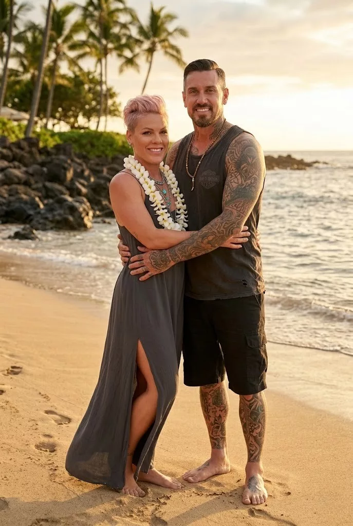 Cover Image for SURPRISE: P!nk and her husband, Carey Hart, are setting the internet on fire with a series of white bikini photos at the beach