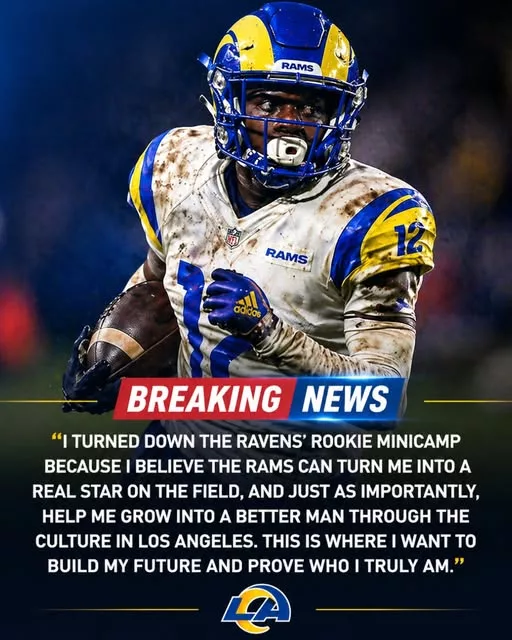 Cover Image for 🚨 A bold bet on the future… 👀 A versatile Rose Bowl MVP is turning heads after rejecting a rookie minicamp invite from the Baltimore Ravens to take a shot with the Los Angeles Rams 😳 Confidence? Risk? Maybe both. He believes L.A. is the perfect place to unlock his full potential and turn him into a star — and with the Rams’ track record of developing talent, this move could pay off BIG. 👉 Did he just make a genius decision… or a costly gamble? The full story is worth watching.