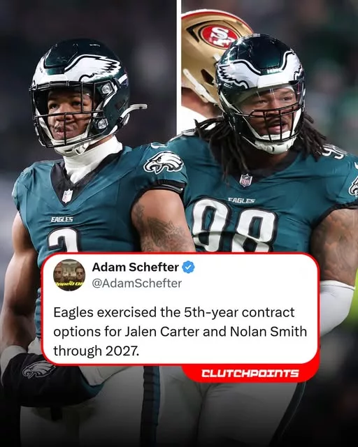 Cover Image for 🦅 Smart business in Philly… and a BIG message for the future 👀 The Philadelphia Eagles have officially picked up the 5th-year options for Jalen Carter and Nolan Smith — locking in two rising defensive stars through 2027 🔒 This isn’t just a formality… it’s a statement of belief. 👉 Philly is doubling down on its young core — but how high is the ceiling for this defense? The full story might surprise you.