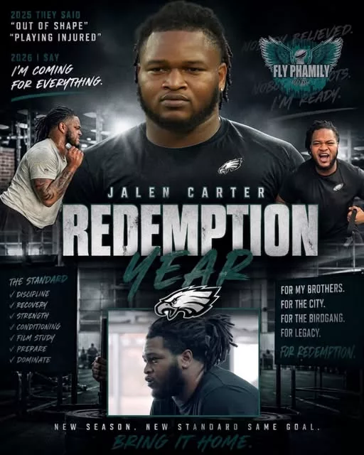 Cover Image for 🦅 “REDEMPTION YEAR” MAY BE COMING FOR Jalen Carter 🦅  After a frustrating 2025 season filled with conditioning concerns, injuries, and nonstop criticism, the Philadelphia Eagles star reportedly looks completely locked in this offseason. 💪🔥  Teammates and coaches are already noticing a different energy from Carter — leaner, more focused, and determined to remind the NFL why he was considered one of the most terrifying defensive talents in football. 👀  Because if Carter is truly healthy and in peak shape again? Opposing offenses could be in serious trouble.  The talent was never the question. Consistency was.  👉 Why many inside Philadelphia believe 2026 could become the season Jalen Carter fully unleashes his superstar potential…