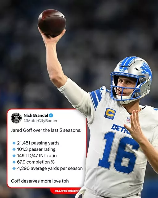 Cover Image for 📊 Numbers don’t lie — and Jared Goff is making a statement 👀 Over the last five seasons with the Detroit Lions, Goff has quietly put up elite production: 21,000+ yards, a 101.3 passer rating, and a deadly 149:47 TD-INT ratio. Yet somehow, the respect hasn’t always matched the results. No more excuses. No more doubts. At some point, consistency at this level demands recognition. 👉 Is it finally time the league puts respect on JG16’s name? The numbers say yes — but the conversation is just getting started.