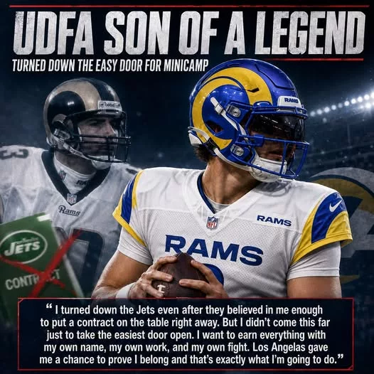 Cover Image for 🚨 A HALL OF FAME LEGACY IS HEADING TO LOS ANGELES 🚨  The son of an NFL Hall of Famer has reportedly turned down an immediate contract offer from the New York Jets in order to attend minicamp with the Los Angeles Rams and fight for a roster spot the hard way. 😳🔥  Instead of taking the safer path, the young prospect reportedly believes Los Angeles gives him the best opportunity to prove he belongs in the NFL on his own terms — not just because of his famous last name.  Now Rams fans are buzzing about whether this underdog gamble could become one of the most inspiring stories of the offseason. 👀  👉 The identity of the Hall of Famer’s son — and why he chose the Rams over a guaranteed opportunity — has the NFL talking nonstop…