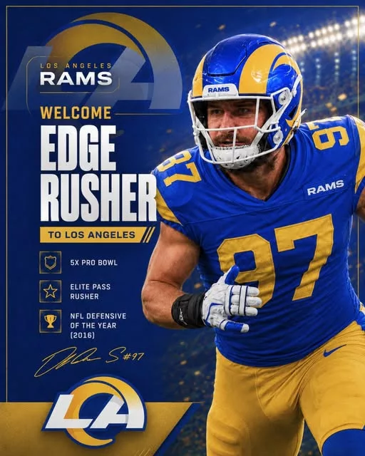 Cover Image for 🚨BREAKING: According to reports confirmed by Adam Schefter, the Los Angeles Rams are expected to land a FIVE-time Pro Bowl edge rusher on a massive $40 million deal 😳 League insiders already believe the veteran defender is still one of the most dangerous pass rushers in football — and now Sean McVay’s defense could be getting a terrifying upgrade at exactly the right time 👀 The move reportedly accelerated quickly behind the scenes, with Los Angeles determined to add another elite weapon for a Super Bowl push. Fans are already imagining what this pass rush could look like once the deal becomes official 🔥 If healthy, this signing could completely change the balance of power in the NFC. 👇 Full details on the blockbuster contract and why the Rams believe this could become one of the smartest defensive additions of the entire offseason.