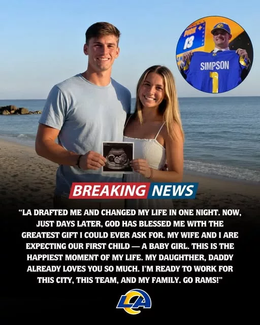 Cover Image for 💙💛 DOUBLE THE JOY IN LOS ANGELES! Just days after being drafted by the Los Angeles Rams, rookie QB Ty Simpson shared life-changing news that has fans smiling everywhere 🥹  The young quarterback and his wife have officially announced they’re expecting their first child together — a baby girl already being called the little “Rams Princess” by fans online 👶✨  But what truly melted hearts across Los Angeles was the emotional meaning behind the baby’s name, which reportedly left teammates, coaches, and fans deeply touched ❤️  For Simpson, this offseason suddenly became about much more than football. A new NFL chapter… and now a new chapter of fatherhood.  👇 Full story on the beautiful family announcement and the touching reason the baby’s name is already going viral among Rams fans.