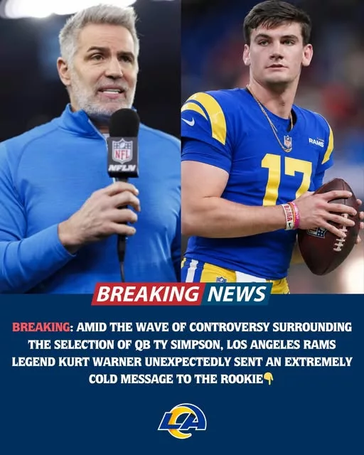 Cover Image for 💙💛 Drama is already surrounding rookie QB Ty Simpson in Los Angeles… and now legendary Los Angeles Rams icon Kurt Warner has reportedly added even more fuel to the fire 😳  Amid growing controversy over the Rams selecting Simpson, Warner allegedly delivered an unexpectedly cold message to the young quarterback — a reaction that has fans across the NFL debating whether the Hall of Famer was being brutally honest… or unnecessarily harsh 👀  Some supporters believe Warner is simply protecting the standard of greatness in Los Angeles. Others think the rookie deserves support, patience, and time to develop 🔥  Either way, the tension around Ty Simpson’s arrival is suddenly becoming one of the NFL offseason’s most talked-about storylines.  👇 Full details on Warner’s shocking message and why Rams fans are now completely divided over the rookie QB situation.