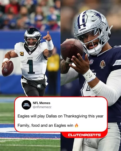 Cover Image for 🦅🍗 Thanksgiving just got a LOT more interesting 😳🔥  If the schedule leak is real, the Philadelphia Eagles and Dallas Cowboys are about to bring one of the NFL’s nastiest rivalries to the Thanksgiving spotlight 👀  That means family arguments, nonstop trash talk, turkey on the table… and potentially another huge statement game from Jalen Hurts against Dallas 💪  Fans are already predicting chaos online, with Eagles supporters calling it the “perfect holiday setup” while Cowboys fans promise revenge 😅  One thing feels guaranteed: America is NOT changing the channel for this one.  👇 Full reactions to the leaked matchup and why this Thanksgiving showdown could become one of the most emotional games of the entire NFL season.
