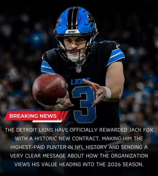 Cover Image for 🦁💰 The Detroit Lions just made NFL HISTORY… and fans are completely split over it 😳🔥  Detroit reportedly made Jack Fox the HIGHEST-PAID punter the league has ever seen — a move that instantly sparked massive debate across football social media 👀  Some fans are calling it a genius decision, arguing Fox is one of the most underrated weapons in the entire NFL and a huge reason Detroit consistently wins field-position battles 💥  Others? They can’t believe a team with Super Bowl ambitions would commit THAT much money to a punter 🤯  But inside Detroit, the message feels clear: the Lions reward elite talent — no matter the position.  👇 Full details on the historic contract, why the Lions value Jack Fox so highly, and why this decision has the entire NFL arguing tonight.