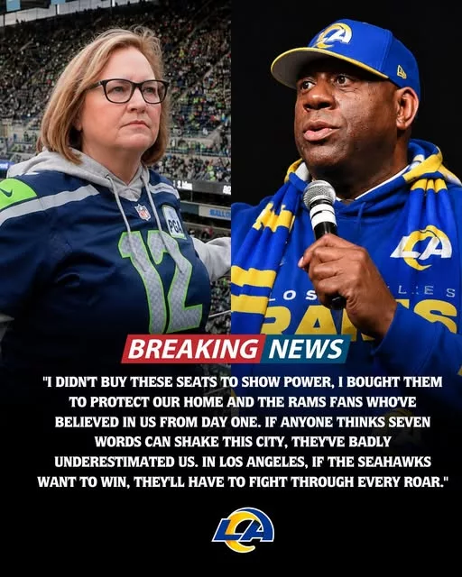 Cover Image for 💥🏈 The ticket war between the Seattle Seahawks and Los Angeles Rams just got even MORE intense 😳  After reports claimed billionaire sports icon Magic Johnson helped buy up remaining seats for the season opener in Los Angeles, Seahawks owner Jody Allen reportedly fired back with a cold seven-word message that is now exploding across social media 👀🔥  Fans are already calling it one of the pettiest — and funniest — NFL owner moments of the offseason 😂  Now Seahawks fans are even more motivated to invade SoFi Stadium, while Rams supporters are loving every second of the chaos.  👇 Full story on Jody Allen’s viral response, the growing ticket controversy, and why this Rams-Seahawks rivalry suddenly feels PERSONAL again.