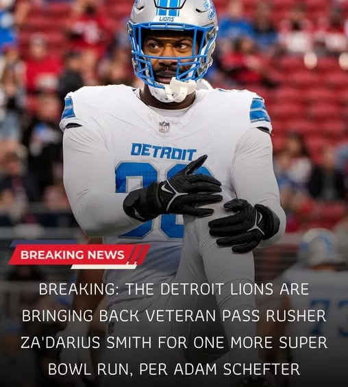 Cover Image for 🦁💥 BREAKING: Za’Darius Smith is reportedly RETURNING to the Detroit Lions for one more Super Bowl chase, according to Adam Schefter 😳🔥  Detroit’s defense may have just gotten even scarier.  With Aidan Hutchinson already leading one of the NFL’s most aggressive young units, bringing back a proven veteran pass rusher like Smith could give the Lions the exact experience and toughness needed for a deep playoff run 👀  Fans are already calling this a “win-now” move by Detroit — a clear signal that the organization believes the championship window is OPEN RIGHT NOW 🏆  And honestly? Nobody in the NFC should feel comfortable facing this defensive front anymore.  👇 Full breakdown of the shocking reunion, what it means for the Lions’ Super Bowl hopes, and why Detroit fans are exploding with excitement tonight.
