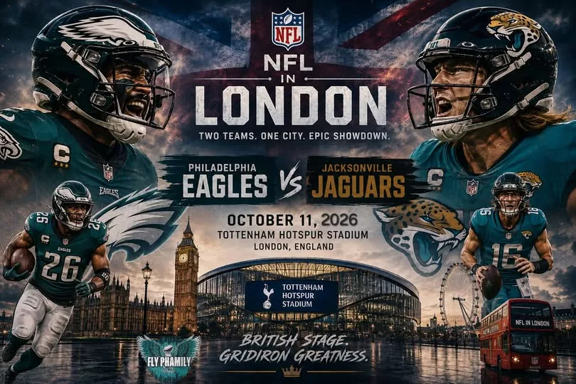 Cover Image for 🦅🇬🇧 London is about to turn MIDNIGHT GREEN again 😳🔥  The Philadelphia Eagles are officially heading back overseas to face the Jacksonville Jaguars at Tottenham Hotspur Stadium on October 11 — but this time, Philly fans can celebrate one HUGE difference 👀  Owner Jeffrey Lurie made it crystal clear: “We are not going to give up a home game. We just did that in Brazil.”  That means the Eagles keep all their home-field advantages AND still get the global spotlight 🌍🦅  Now fans are already predicting another massive Eagles takeover in London, with thousands expected to flood the city in midnight green.  👇 Full breakdown of the international showdown, why Eagles fans are fired up, and how Philadelphia is becoming one of the NFL’s biggest global brands.