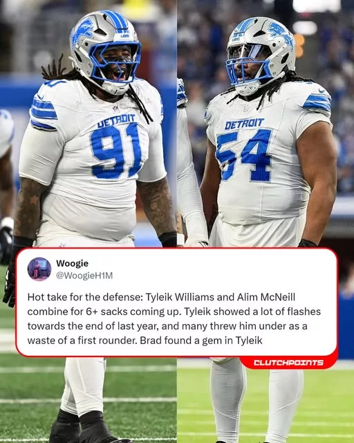 Cover Image for 🦁 Detroit’s defensive line might be about to become an absolute nightmare for opposing quarterbacks. 😳🔥  Tyleik Williams and Alim McNeill are preparing to unleash serious interior dominance for the Lions, and coaches reportedly believe the pressure numbers are finally about to turn into a massive sack explosion.  McNeill has already shown flashes of becoming one of the NFL’s most disruptive interior defenders, collapsing pockets and forcing quarterbacks off their spots. Now add the raw power, explosiveness, and physicality of rookie Tyleik Williams beside him, and Detroit suddenly has the kind of interior duo offenses hate facing. 👀  The scary part? Edge rushers like Aidan Hutchinson could benefit the most. If quarterbacks can’t step up in the pocket anymore, the Lions’ pass rush could become completely overwhelming.  Detroit fans have waited years for a defensive front this dangerous… and it may finally be here.