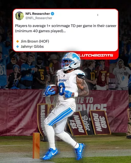 Cover Image for 🦁🔥 Jahmyr Gibbs is doing things that place him next to literal football royalty 😳  With 49 touchdowns in 49 career games, the Detroit Lions superstar has officially joined Jim Brown as the ONLY players in NFL history to average 1+ touchdown per game across at least 40 appearances 👀💥  Read that again.  Not Barry Sanders. Not Emmitt Smith. Not LaDainian Tomlinson.  Just Jim Brown… and now Jahmyr Gibbs.  Detroit fans already knew Gibbs was special, but this stat is putting him into legendary territory far earlier than anyone expected.  And the craziest part? He may only be getting started 😤  👇 Full breakdown of Gibbs’ historic pace, why defenses still can’t stop him, and how the Lions may have one of the most dangerous offensive weapons in football for YEARS to come.