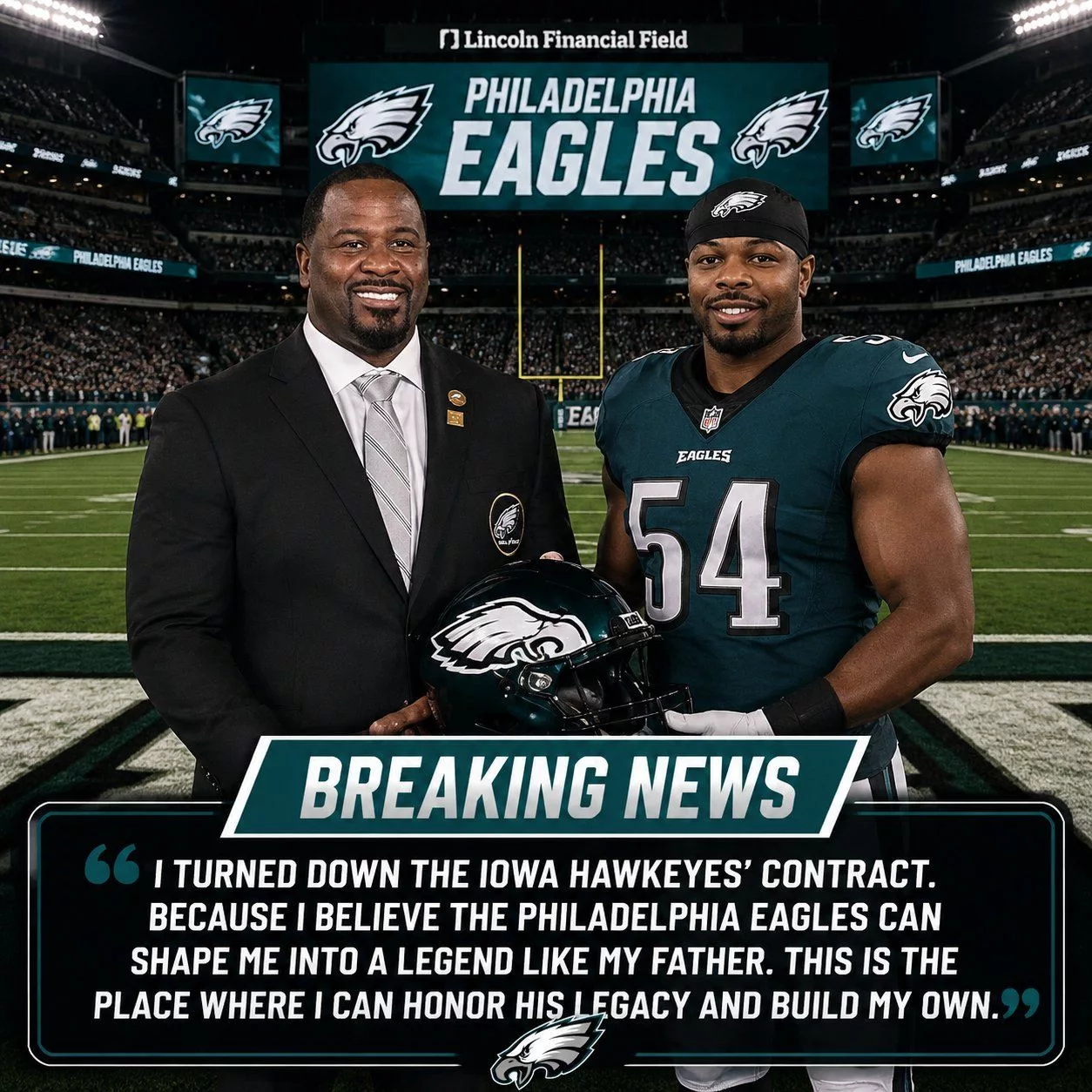 Cover Image for The son of a Hall of Famer turned down a scholarship from the Seattle Seahawks to train with the Philadelphia Eagles — believing that the Eagles can help unlock his talent and turn him into a future NFL legend like his father.