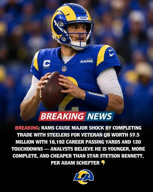 Cover Image for 🚨 The Rams may have just made one of the most surprising moves of the offseason. 😳🐏 According to reports tied to Adam Schefter, Los Angeles has completed a stunning trade with the Steelers for a veteran quarterback carrying 18,192 career passing yards and 120 touchdowns — and the NFL world is already debating what it means for the future of Stetson Bennett. 👀 What’s making this even more shocking is the growing belief from analysts that the incoming QB is actually a more complete and cost-effective option despite the massive hype surrounding Bennett. At just a $7.5 million value, some insiders believe the Rams may have quietly pulled off a steal that adds immediate experience, depth, and competition to Sean McVay’s offense. Now fans are asking one huge question: Is this simply insurance… or the beginning of a major quarterback shake-up in Los Angeles?