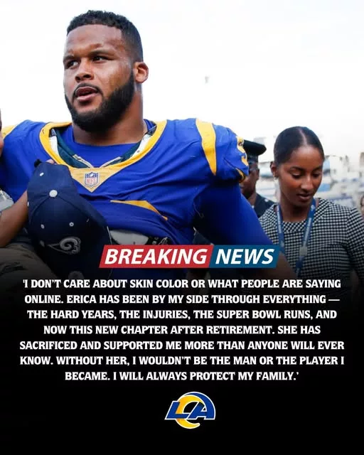 Cover Image for 💔 Rams legend Aaron Donald is fiercely defending his wife after what should have been a proud public moment turned painfully controversial. 😔🐏  Following her first appearance as the Rams’ Woman of Color Ambassador, Donald’s wife reportedly became the target of a wave of harsh personal attacks online — sparking outrage from many fans who felt the criticism crossed the line completely.  Now Aaron Donald has finally spoken out, making it clear he will not stay silent while his family is attacked publicly. 👀  The emotional response from the future Hall of Famer has already sparked massive support across social media, with many Rams fans rallying behind the couple and calling for more respect and accountability online.  What was meant to be a celebration for the Rams community has suddenly become one of the NFL’s most emotional conversations this week. 💙💛
