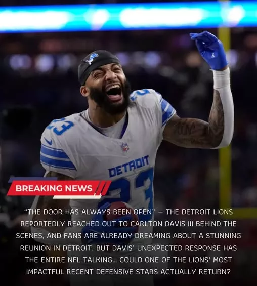 Cover Image for 🚨 “THE DOOR HAS ALWAYS BEEN OPEN.” 🚨 That’s reportedly the message the Detroit Lions quietly sent to Carlton Davis III — and his response now has the entire NFL buzzing. Sources close to the situation claim Detroit never truly wanted to move on from the veteran cornerback, believing his leadership and physical style still fit perfectly inside Dan Campbell’s culture. But what shocked fans most was Davis’ reaction behind closed doors. Insiders say the conversation immediately turned emotional, with mutual respect still extremely strong between both sides. Now speculation is exploding across the league about a possible reunion that nobody expected this soon. Could Detroit really be preparing to bring back one of its most important defensive voices before another Super Bowl push?