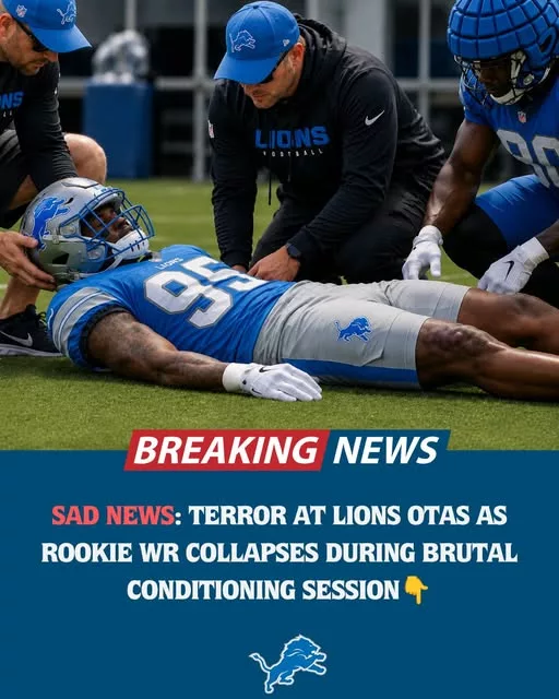 Cover Image for 🚨 SCARY MOMENT AT LIONS OFFSEASON WORKOUTS 🚨  What began as a routine morning practice reportedly turned frightening when a rookie wide receiver suddenly collapsed during an intense training session. Witnesses say panic spread across the field as coaches, teammates, and medical personnel rushed to the scene.  The incident reportedly occurred amid demanding offseason workouts, with players pushing through grueling conditioning drills as they compete for roster spots and prepare for the upcoming season.  For several tense moments, football became the last thing on anyone’s mind. Teammates could only watch and hope as medical staff attended to the young player.  Fortunately, early reports suggest there is optimism regarding his condition, but the incident served as a sobering reminder of how physically demanding life in the NFL can be.  The full story has Lions fans everywhere talking and praying for good news. 🦁🙏