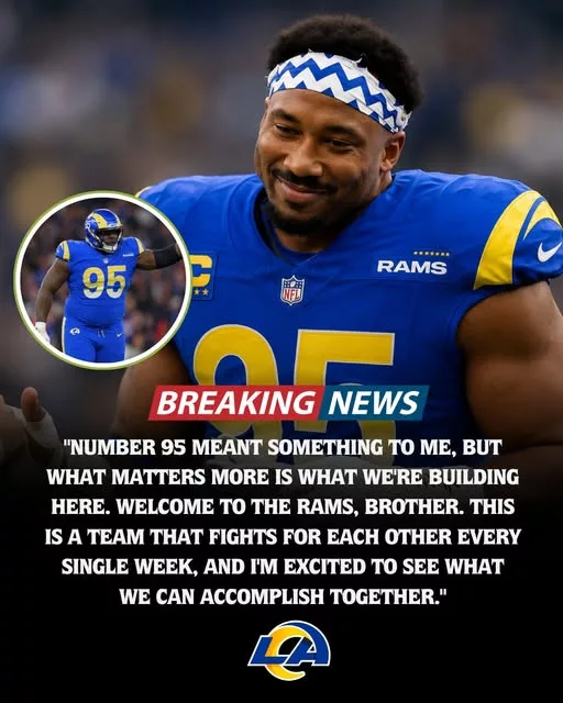 Cover Image for 🐏 RESPECT. LEADERSHIP. TEAM FIRST. 🐏  In an era where jersey numbers carry personal meaning and brand value, one veteran Rams defensive star is reportedly making a remarkable gesture. According to the buzz, he has willingly given up the iconic No. 95 jersey to newly arrived superstar Myles Garrett, welcoming him to Los Angeles and signaling that the team’s championship goals come before individual recognition.  The move has quickly caught the attention of Rams fans, many of whom see it as a powerful example of leadership and locker-room unity. Instead of protecting his own spotlight, the veteran appears focused on helping Garrett feel at home and immediately embrace a leadership role.  👀 Could this small gesture become the first sign of a dominant new era for the Rams defense? Fans are already talking.