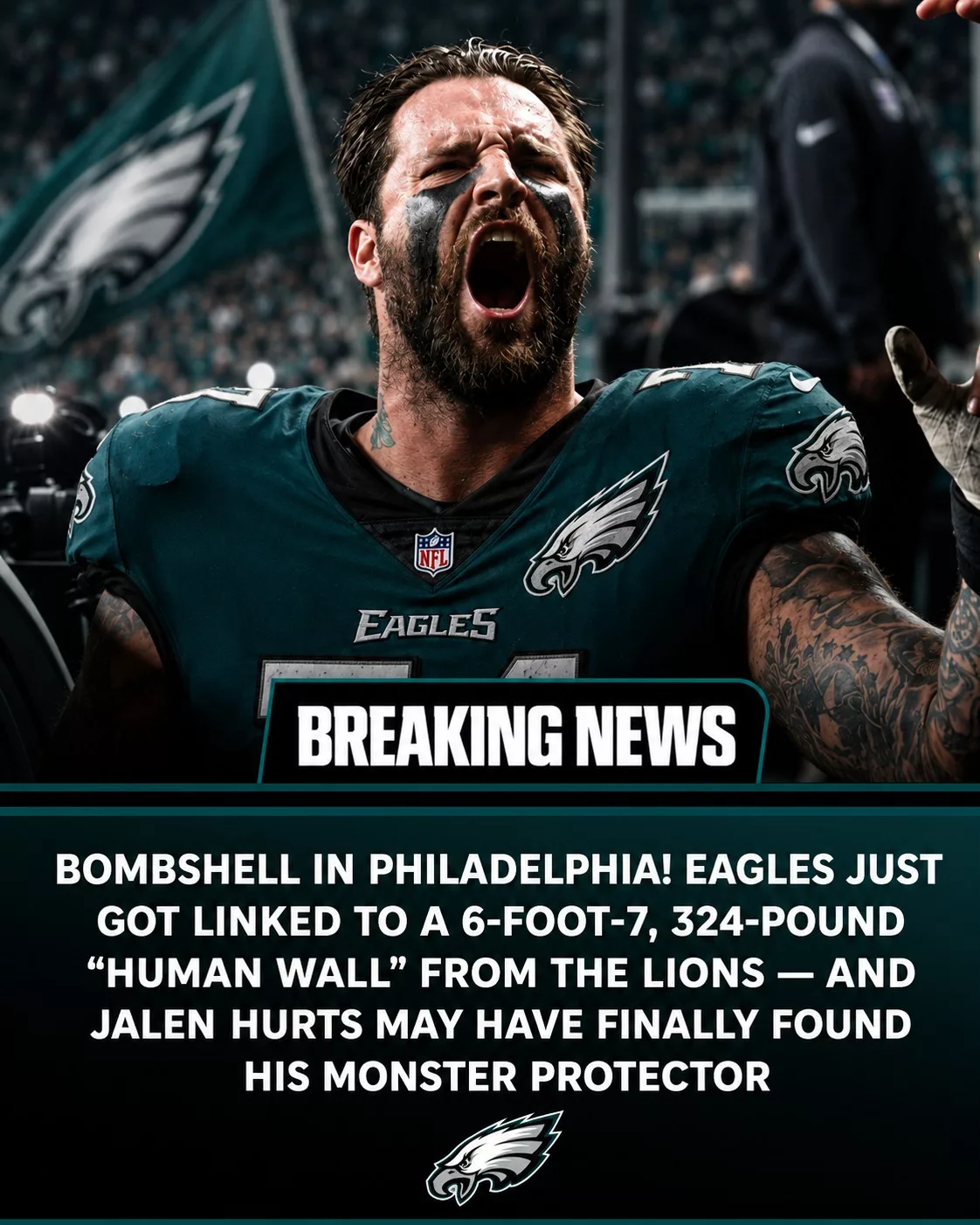 Cover Image for SHOCKWAVES IN PHILADELPHIA! The Eagles Have Suddenly Been Linked To A Massive 6-Foot-7, 324-Pound Offensive Lineman From The Lions — A Move That Could Completely Change The Outlook Of Jalen Hurts’s Season.