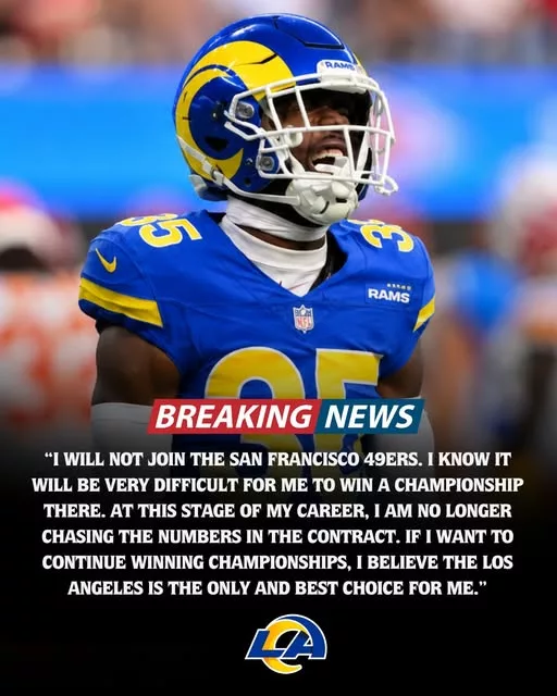 Cover Image for 🔥 RESPECT. LOYALTY. LEADERSHIP. 🔥  In an era where players often chase the biggest paycheck, one former Super Bowl LVII and LVIII contributor reportedly made a very different decision. Despite receiving a massive $63 million offer from the San Francisco 49ers, the veteran chose to sign a $51 million deal with the Los Angeles Rams instead.  Why would a player walk away from an extra $12 million?  Sources suggest the answer goes beyond money. The opportunity to become a leader, mentor a young locker room, and help build something special in Los Angeles may have outweighed financial considerations.  Now Rams fans are buzzing with one question: who is this respected veteran, and could his leadership prove just as valuable as his production on the field?  🏈 Sometimes the biggest moves aren’t about money—they’re about legacy.
