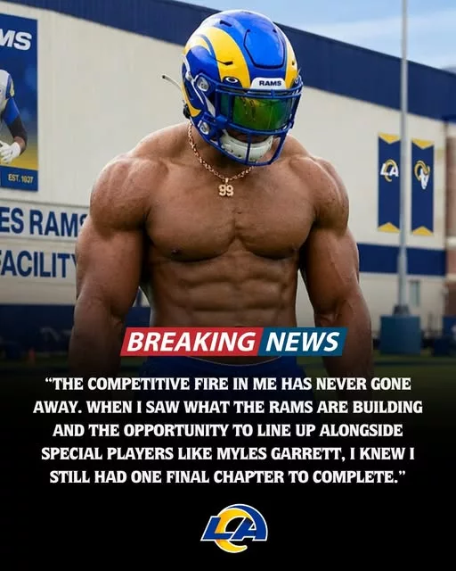 Cover Image for 🚨 NFL SHOCKER IN LOS ANGELES! 🚨  Just hours after reports linked Myles Garrett to the Rams, an even bigger rumor has fans losing their minds. A legendary three-time Defensive Player of the Year is now being connected to a stunning return, with speculation suggesting he could help lead the Rams’ defense during the 2026 season.  What has everyone talking isn’t just the possibility of a comeback—it’s the incredible physical condition the former superstar reportedly maintains. Photos and workout clips have fueled debate across the NFL, with many fans insisting he still looks capable of competing at the highest level.  Could Los Angeles really be building a defensive unit unlike anything we’ve seen in years? Or is this simply offseason hype running wild?  One thing is certain: Rams Nation can’t stop talking about it. 👀🔥🏈