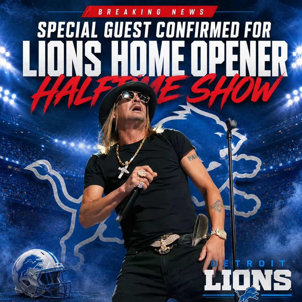 Cover Image for BREAKING: Kid Rock, Michigan’s Rock Icon, Confirmed for Detroit Lions’ 2026 Home Opener Halftime Show at Ford Field