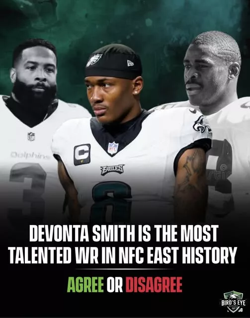 Cover Image for 🦅🔥 BOLD TAKE OR FACT? 🔥🦅  DeVonta Smith is already one of the smoothest route runners the NFL has ever seen. From winning the Heisman Trophy to becoming a key piece of Philadelphia’s championship-contending offense, he’s built a résumé most receivers can only dream about.  But here’s the debate that’s dividing fans across the NFC East:  👀 Is DeVonta Smith actually the most talented wide receiver in NFC East history?  That’s a conversation that includes legendary names, unforgettable seasons, and some of the greatest playmakers the division has ever produced. Smith’s elite hands, precise route-running, football IQ, and ability to shine in big moments certainly make a strong case.  Still, many fans believe he has more to prove before claiming that crown.  💬 Where do you stand? Is DeVonta already the most gifted receiver the NFC East has ever seen, or is that title still owned by a legend of the past?