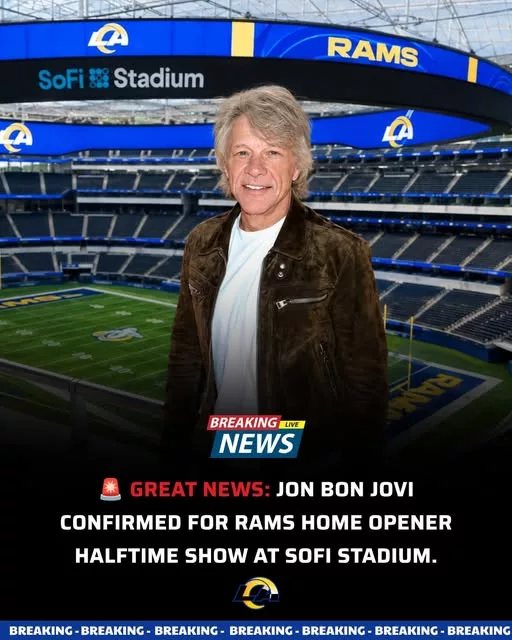 Cover Image for 🎸🏈 RAMS FANS, GET READY FOR A BIG NIGHT AT SOFI! 🏈🎸  The Los Angeles Rams’ home opener just got even more exciting. Rock legend Jon Bon Jovi is reportedly set to take the stage for a special halftime performance at SoFi Stadium, adding a major entertainment element to one of the most anticipated games of the season.  For many fans, it’s the perfect combination: NFL football and one of the most iconic voices in rock music. Whether you’re a longtime Bon Jovi fan or simply excited for the electric atmosphere, the home opener is shaping up to be much more than just a football game.  Will he perform the classics everyone loves? Could there be a surprise appearance or special tribute during the show?  🎤🔥 One thing is certain: Rams Nation won’t want to miss this unforgettable night in Los Angeles.