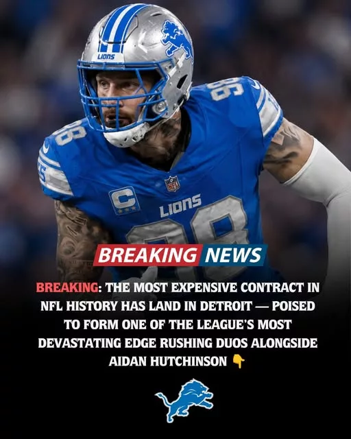 Cover Image for 🦁🚨 THE MOST EXPENSIVE CONTRACT IN NFL HISTORY HAS LANDED IN DETROIT!  The Lions may have just changed the balance of power in the NFC with a blockbuster addition that has fans dreaming of a dominant defense. Pairing one of the league’s highest-paid pass rushers with Aidan Hutchinson could instantly create one of the most feared edge-rushing duos in football.  Offensive coordinators already struggle to account for Hutchinson on every snap. Now imagine having another elite playmaker attacking from the opposite side. Double-team one, and the other gets a free path to the quarterback.  Could this be the move that finally pushes Detroit from contender to Super Bowl favorite? How dangerous can this defensive front become? And what does it mean for the rest of the NFC North?  Lions fans are already calling it a franchise-changing moment. 👀🔥👇