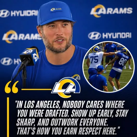 Cover Image for 🐏🗣️ MATTHEW STAFFORD’S MESSAGE TO RAMS ROOKIES HAS FANS TALKING 🗣️🐏  Following reports of tension during a Rams rookie practice session, veteran quarterback Matthew Stafford reportedly delivered a powerful reminder about what it means to wear the Los Angeles uniform.  The message wasn’t about talent. It wasn’t about draft status. And it certainly wasn’t about social media attention.  Instead, Stafford reportedly emphasized three things that have defined the Rams culture for years: humility, discipline, and relentless work.  Sources close to the team say the veteran quarterback made it clear that respect inside the Rams locker room is never given automatically—it must be earned every single day through actions, preparation, and accountability.  👀 For many fans, the message perfectly reflects why Stafford remains one of the most respected leaders in the NFL.  Could this moment become a turning point for the Rams’ next generation?