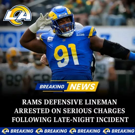 Cover Image for 🚨 REPORT: A Los Angeles Rams defensive lineman has reportedly been arrested following a late-night incident, and the news is already sending shockwaves through the fanbase.  Details remain limited, but early reports indicate the player is facing serious charges that could potentially impact both his NFL future and the Rams’ defensive plans heading into the season. Team officials are reportedly gathering information as the situation continues to develop.  Fans are now asking the same questions: What exactly happened? How serious are the allegations? And could the NFL become involved if the investigation moves forward?  As more information emerges, this story could become one of the biggest off-field developments of the offseason.  Stay tuned—because the full details behind the arrest are drawing major attention across the league. 👀👇