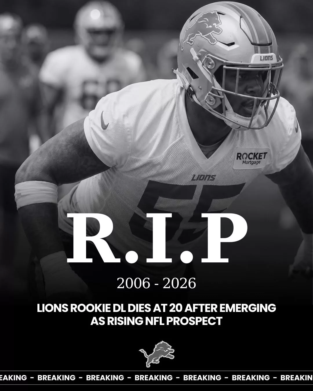 Cover Image for SAD NEWS: Lions Rookie DL Dies at 20 After Emerging as Rising NFL Prospect