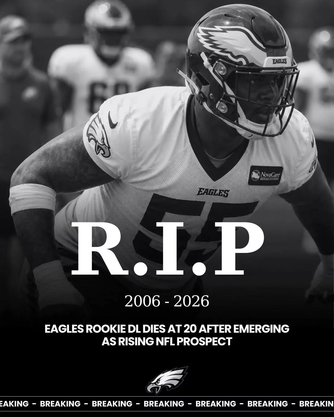 Cover Image for SAD NEWS: Eagles Rookie DL Dies at 20 After Emerging as Rising NFL Prospect