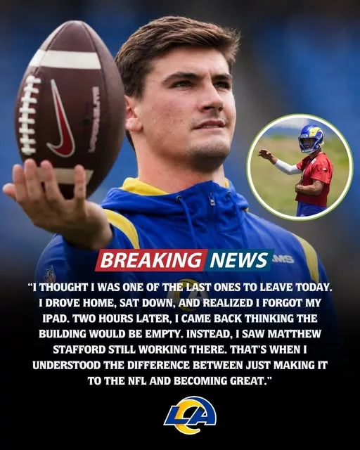 Cover Image for 😳 More than two hours after the Los Angeles Rams had wrapped up OTA practice and the facility had nearly emptied, first-round rookie Ty Simpson reportedly returned to retrieve a forgotten item. What he expected to be a quick stop turned into a moment he’ll likely remember for the rest of his career. As he walked through the building, he reportedly noticed that one player was still there long after everyone else had gone home: veteran quarterback Matthew Stafford. There were no cameras, no reporters, and no coaches demanding extra work—just the Super Bowl-winning quarterback continuing his preparation in silence. The sight reportedly left the young rookie stunned and quickly became a topic of conversation throughout the locker room. What exactly was Stafford doing that made such a powerful impression? 👀👇