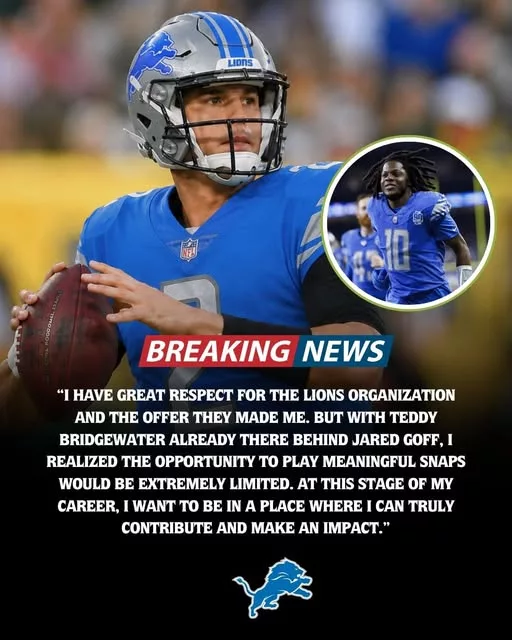 Cover Image for 🦁💔 SAD NEWS: A veteran quarterback with more than 18,000 passing yards and 120 career touchdowns has reportedly turned down a lucrative opportunity from the Detroit Lions—and his explanation has NFL fans talking. According to the buzz surrounding the situation, the quarterback openly admitted that Detroit’s current backup quarterback picture, including the presence of Teddy Bridgewater, played a major role in his decision. The revelation has stunned many Lions supporters who believed the franchise was an attractive destination for experienced veterans chasing a championship. Why would a proven quarterback pass on joining one of the NFC’s top contenders? What exactly was said behind the scenes? And could this decision impact Detroit’s plans heading into the season? 👀👇 The full story is sparking intense debate across Lions Nation and the entire NFC. 👉 Fans are divided, and the reactions are pouring in.