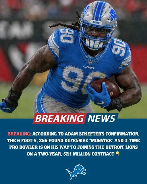 Cover Image for 🦁🚨 BREAKING: The Detroit Lions may have just landed one of the biggest defensive additions of the offseason.  According to reports, a 6-foot-5, 266-pound defensive powerhouse and three-time Pro Bowler is reportedly on the verge of joining Detroit on a two-year deal worth $21 million. If completed, the move would instantly give Aaron Glenn’s former defense another proven veteran presence and provide critical support for a team with Super Bowl aspirations.  Fans are already buzzing about what this could mean for a Lions defense that showed flashes of dominance but struggled with injuries at key moments last season.  Who is the veteran star? Why did he choose Detroit? And could this be the missing piece that finally pushes the Lions over the top?  👀👇 Lions Nation is paying very close attention.