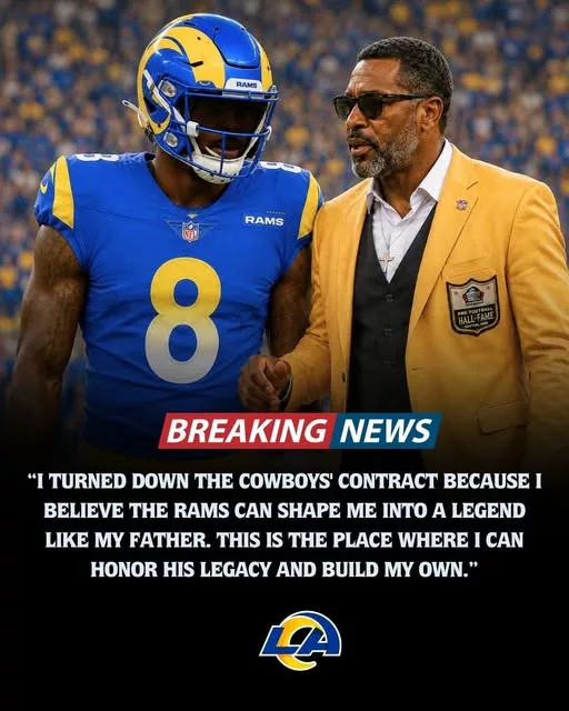 Cover Image for 🐏🚨 BIG DECISION: A Hall of Famer’s son may have just made a statement that has Rams fans buzzing. According to reports, the young prospect turned down an opportunity connected to the Cowboys and instead chose to work out with the Los Angeles Rams, believing the organization offers the best path to develop into the kind of impact player his father became. It’s a move that has sparked plenty of discussion across NFL circles, especially given the Rams’ recent success in developing young talent. What convinced him that Los Angeles was the right fit? Which Hall of Fame legend is his father? And could this workout be the first step toward a remarkable NFL journey? 👀👇 Rams Nation is watching closely as the story continues to develop.